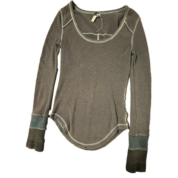 Free People Motor Cuff Button Waffle Thermal Top Shirt Brown S Y2K rock Grunge - Picture 1 of 9